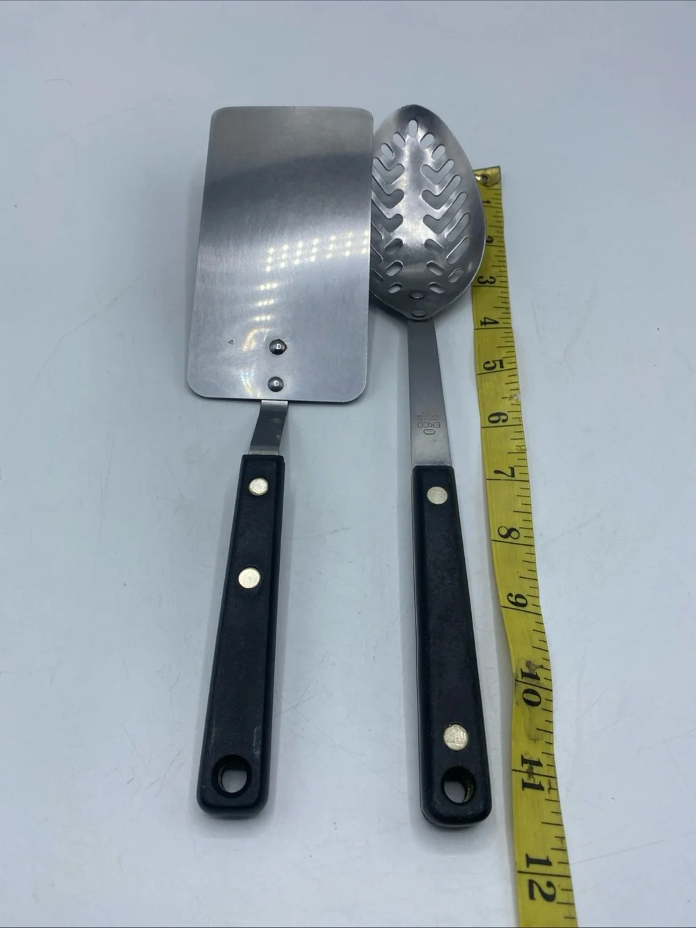 Vintage EKCO Forge Stainless Steel Spatula Flipper & Slotted Spoon Black Handle